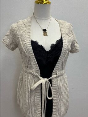 Aeropostale Cream Short-Sleeve Cable Tie-Front Cardigan